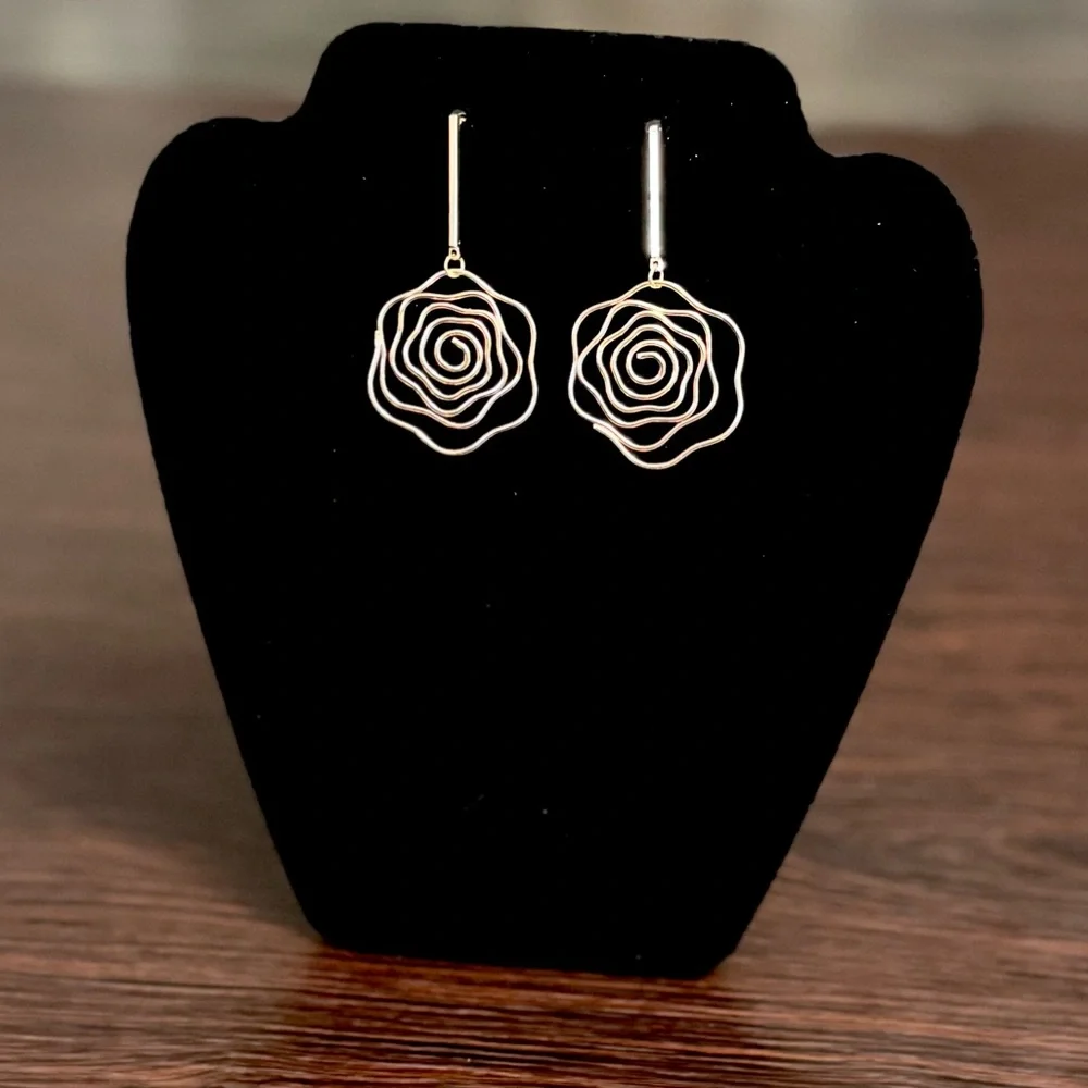 Gold Rose Wire Drop Earrings | Minimalist Statement Floral Dangle | Lightweight - Picture 3 of 5
